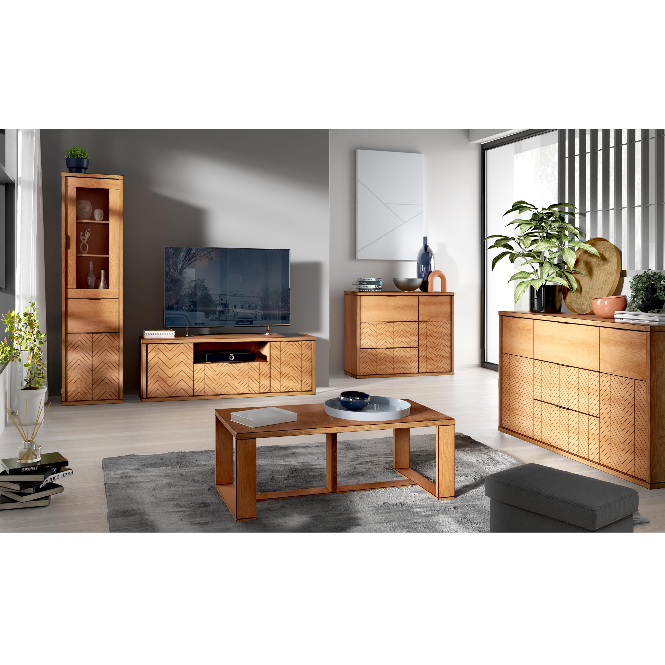 Lomadox Wohnzimmermöbel Set 2-teilig Vitrine Lowboard Wohnzimmerschrank Wohnmöbel TV-Board modern in Eiche