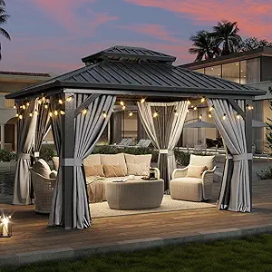 Aoxun 12'x10' Hardtop Gazebo with Light, Aluminum Frame Permanent Pavilion with Curtains and Netting, Outdoor Galvanized Double Roof Canopy, Designed for Garden, Lawns, Patio (Black/Grey)