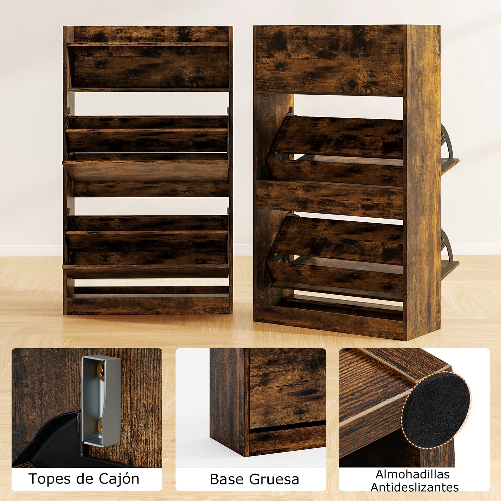 COSTWAY Zapatero con 2 Cajones Abatibles, Zapatero Estrecho con Almacenamiento Abierto, Mueble para Zapatos Madera Entrada Recibidor Pasillo, 60 x 24 x 102 cm (café)