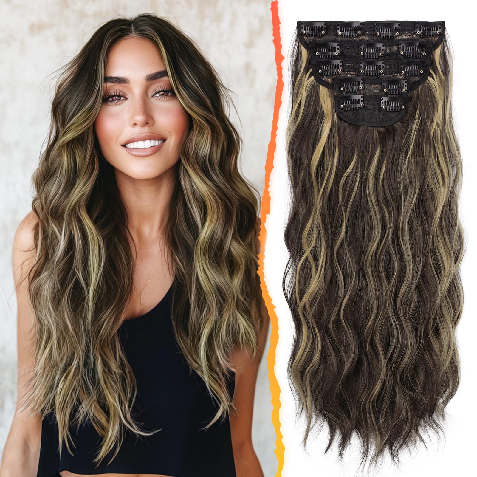 BARSDAR Wavy Clip in Hair Extensions - 20 Inch Highlight Hair Extensions Clip in for Women - 5PCs Thick Soft Synthetic Loose Wavy Clip in Hairpieces –