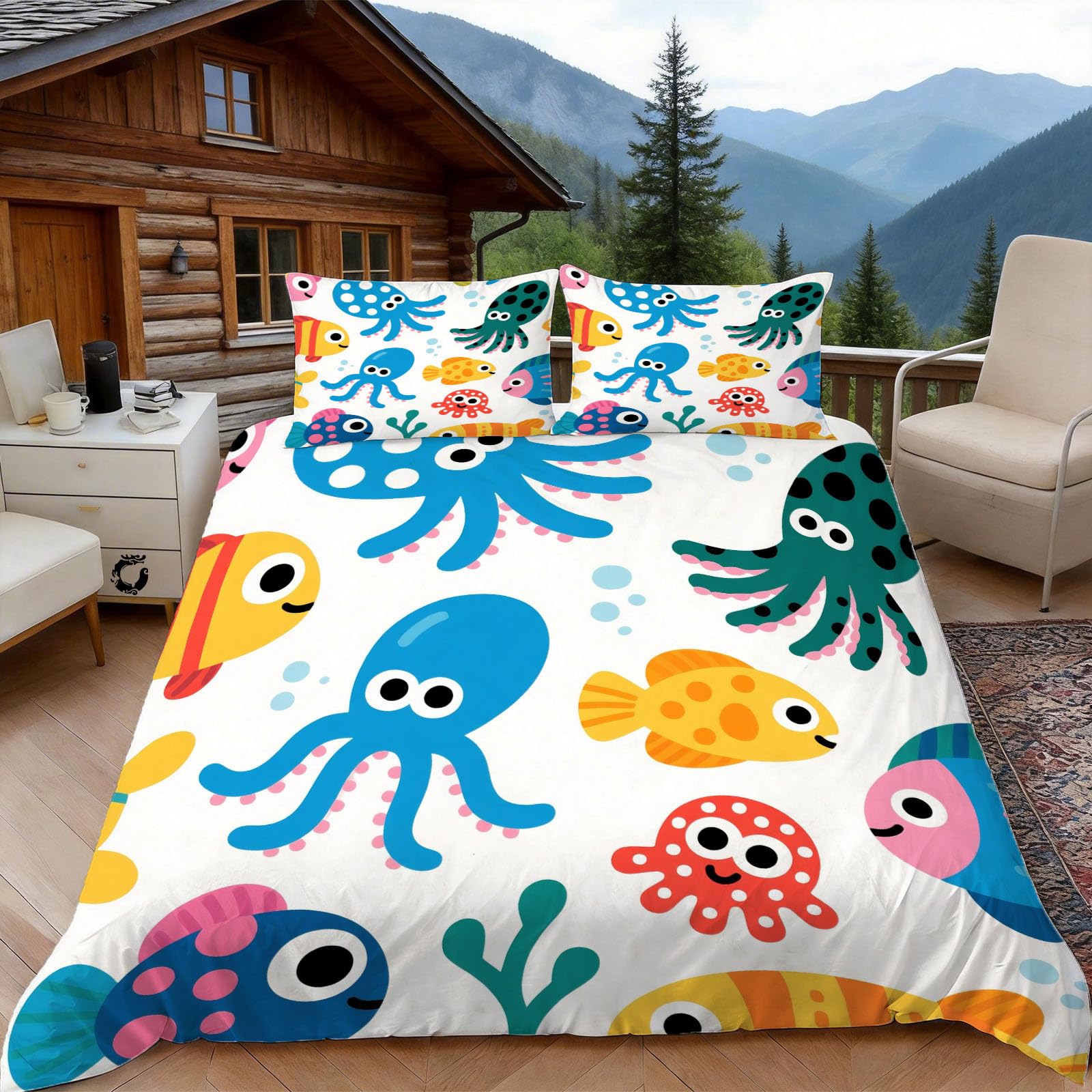 Housse de couette 240x260 ocean monde marin parure de lit microfibres zip