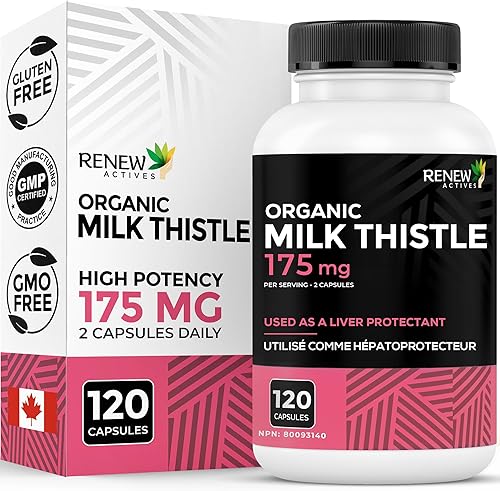 Renew Actives Cápsulas de cardo mariano de 175 mg por porción de extracto orgánico de semillas para la salud del hígado, fórmula concentrada de