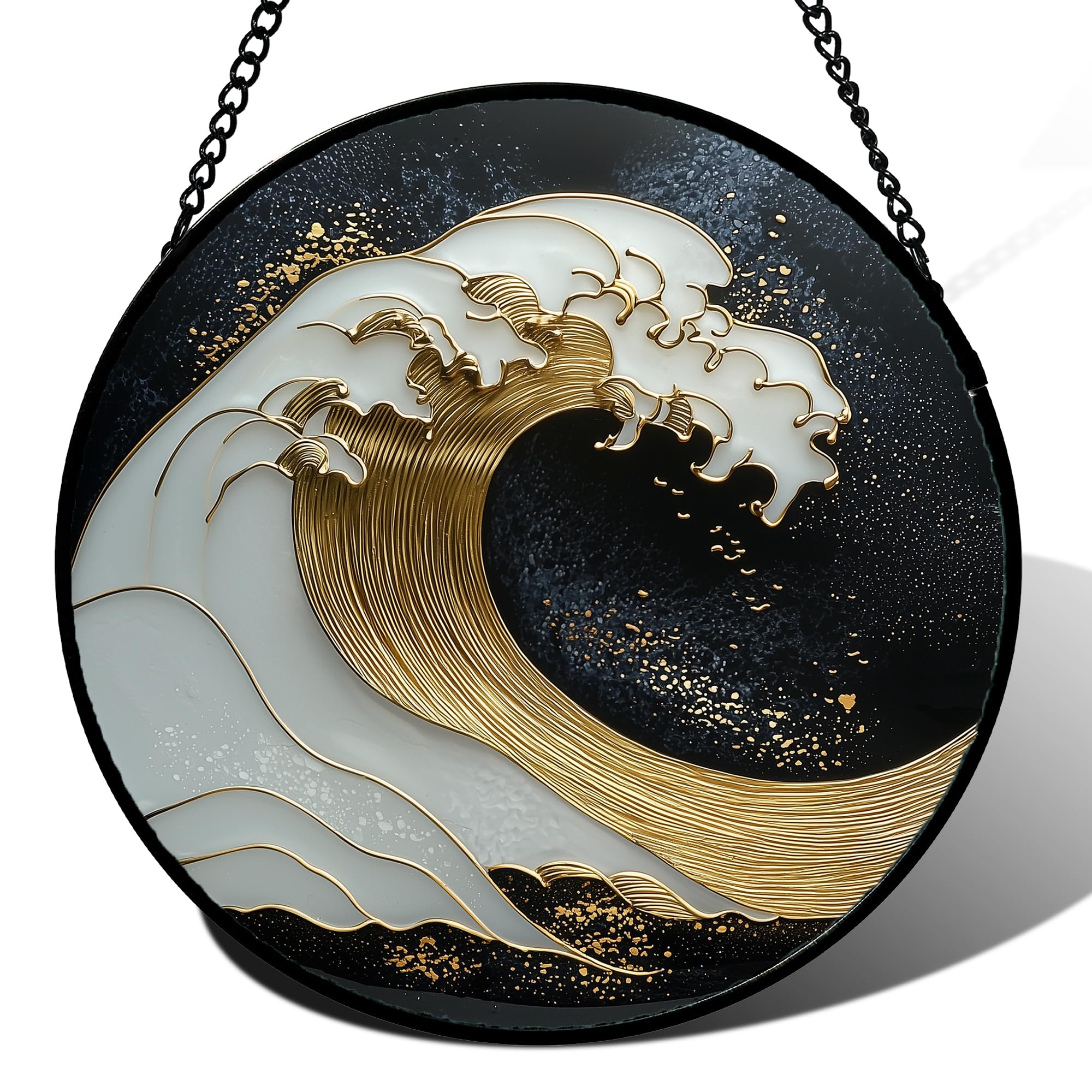 DASTOLL Stained Glass Window Hanging, Black and White Golden Abstract Ocean Waves Suncatcher for Doors Window Home Sun Catchers Decor Mother's Day Birthday Gifts for Women, Men Mom 11.8 in