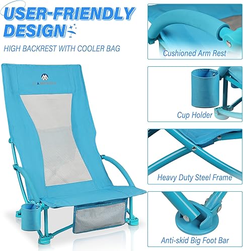 Miniatura 3 de Silla de playa portátil plegable, sillas de playa ligeras con respaldo alto para portavasos y bolsa enfriadora, tienda de campaña de playa, refugio
