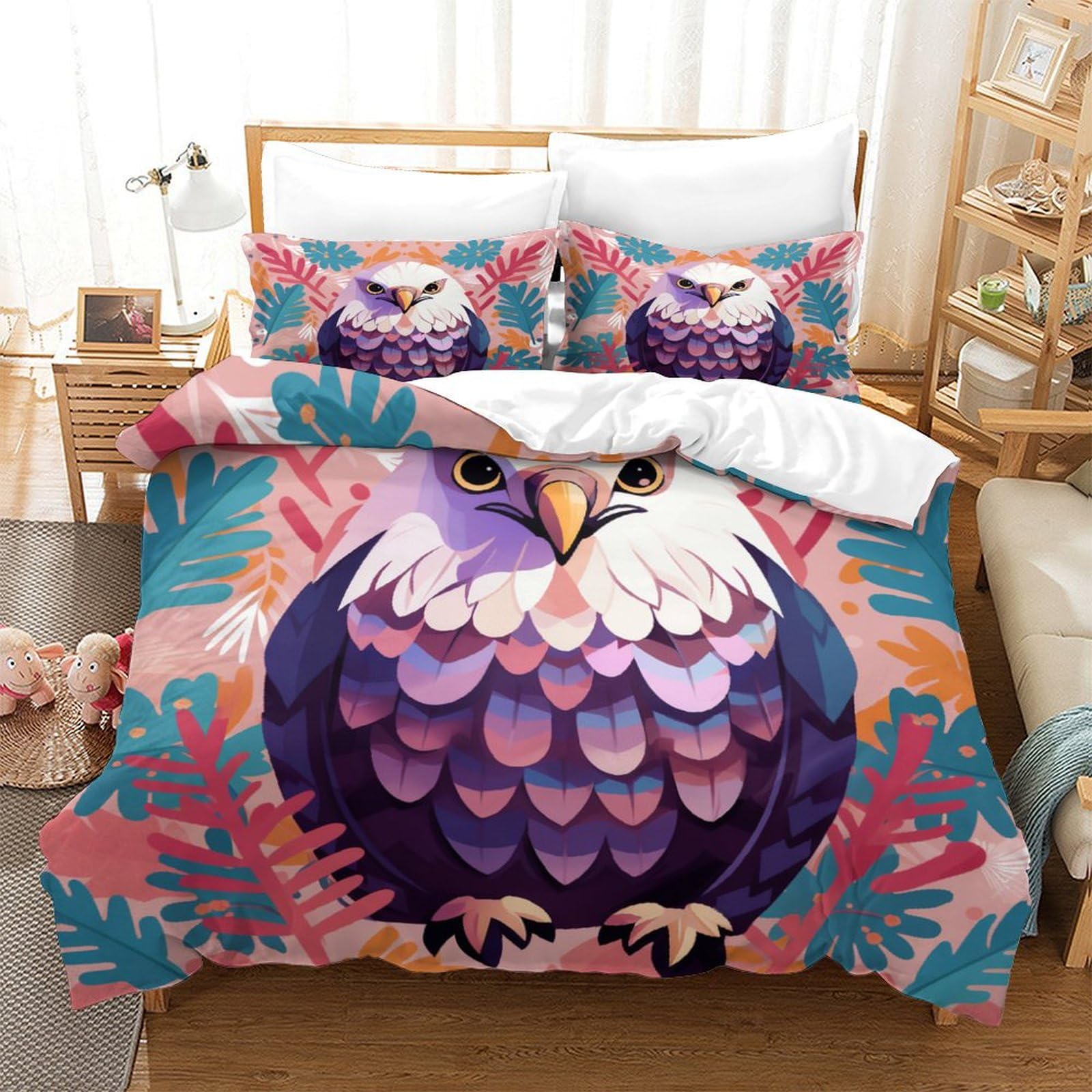 Housse de couette aigle à tête blanche motif oiseau en relief 3D avec zip pour lit une place