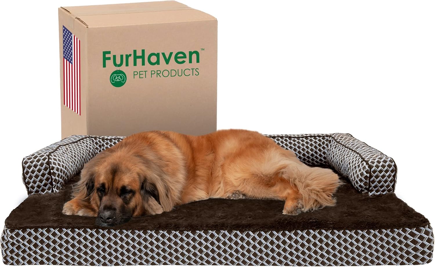 Furhaven Cooling Gel Dog Bed for Large Dogs w/ Removable Bolsters & Washable Cover, For Dogs Up to 125 lbs – Plush & Woven Decor Comfy Couch Sofa – Diamond Brown, Jumbo Plus/XXL