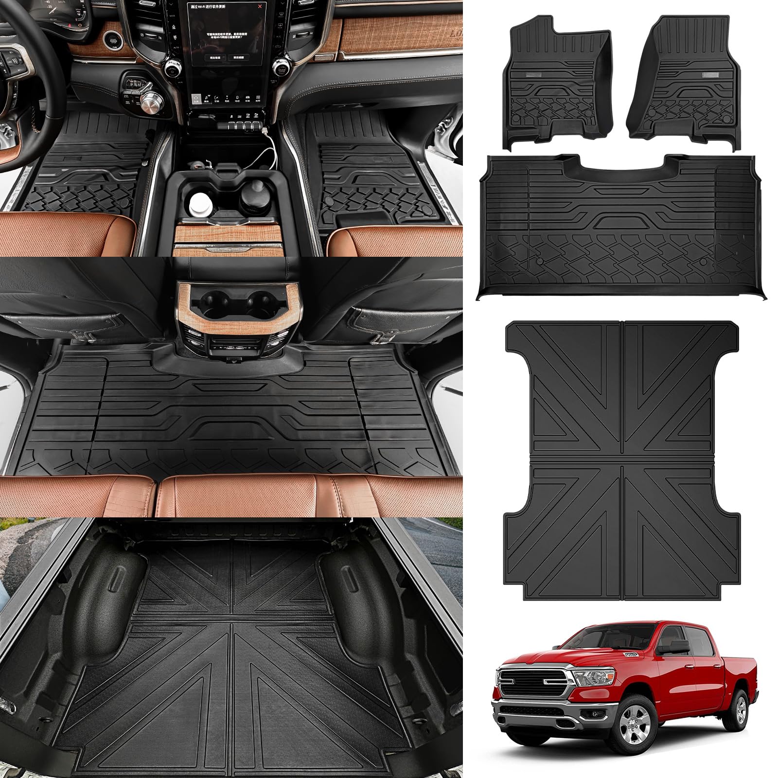 Floor Bed Mats for 2019-2024 Dodge Ram 1500 Crew Cab New Body (Not Fit Classic) with Rear Under-Seat Storage Box Bucket Seat (5.7FT Bed Mat+Floor Mats?W/Under-Seat Storage?)