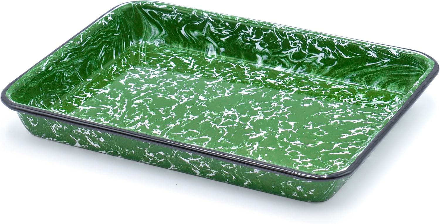 Red Co. 11" x 9" Enamelware Metal Classic 2 Quart Rectangular Serving Tray, Dark Green Marble/Black Rim - Splatter Design