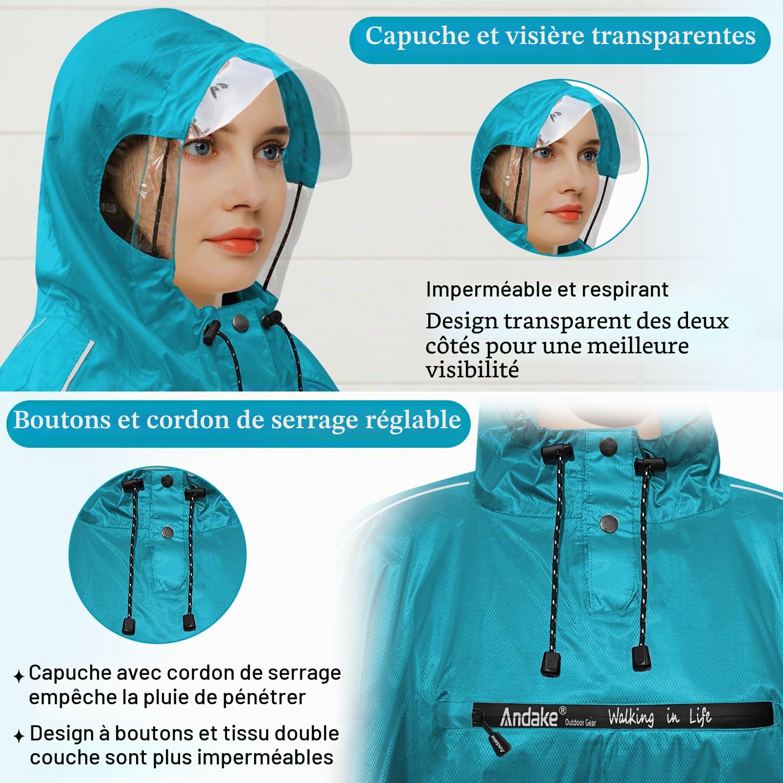 Andake Poncho de pluie de vélo pour homme et femme - Imperméable - Poncho de pluie, taille unique