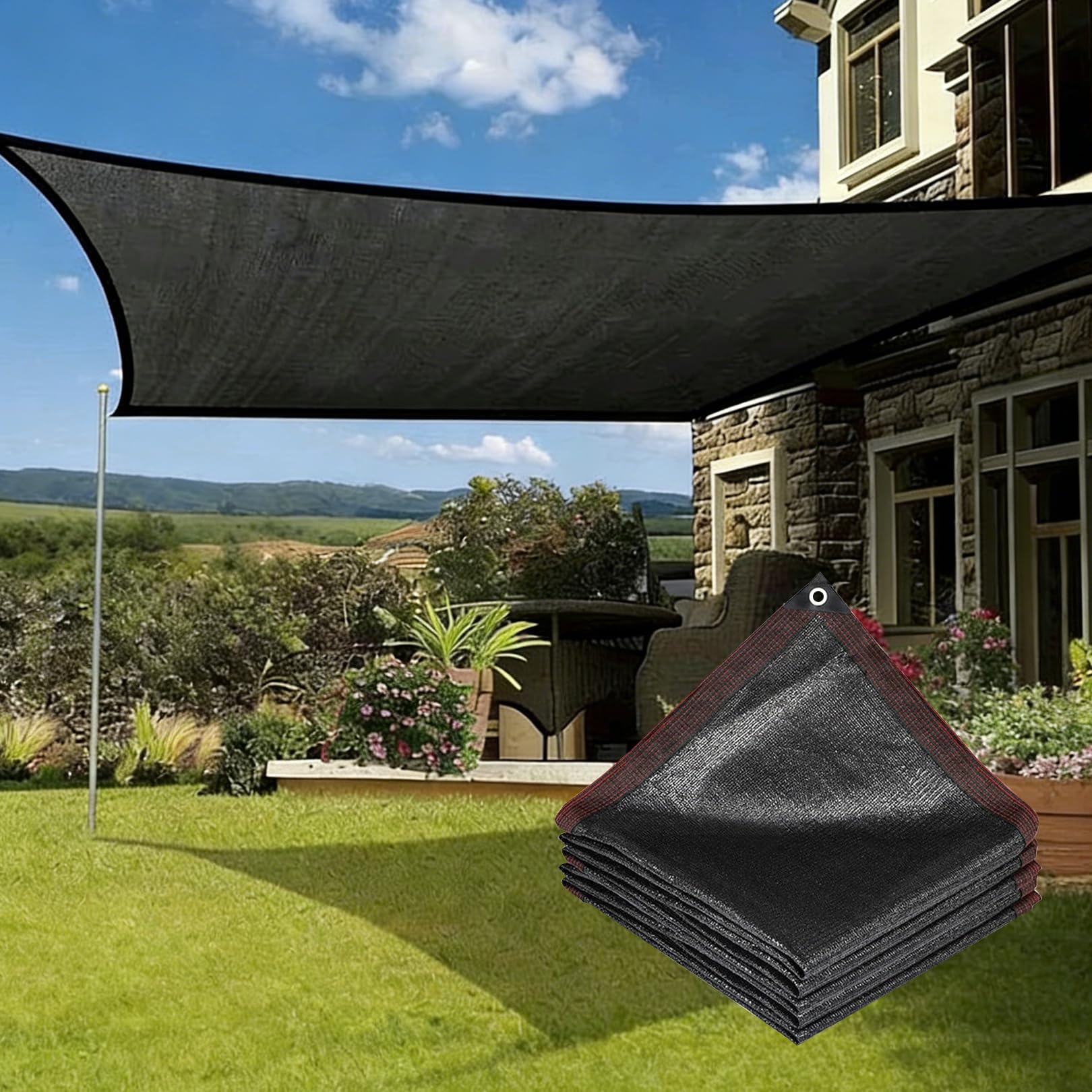 Bâche noire en maille anti-UV de 3x5m : filet d'ombrage respirant et occultant pour balcon
