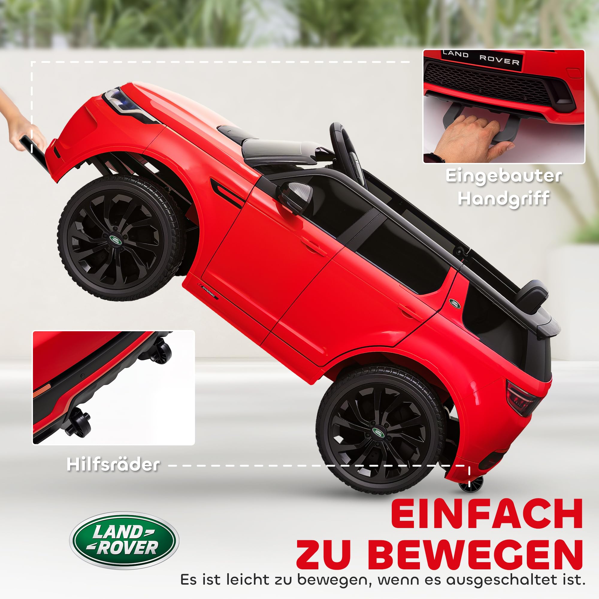 AIYAPLAY Land Rover Discovery Sport samochodzik 12V, 3-6 lat, czerwony | Elektryczny samochodzik, pilot 2,4G, muzyka, klakson, diody LED, USB/MP3, 3-5 km/h
