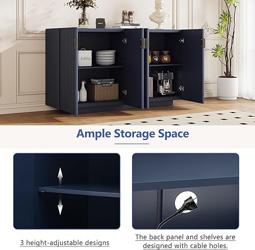 Miniatura 4 de Aparador de almacenamiento amplio de 60 pulgadas con 4 puertas onduladas con estantes ajustables, mesa consola de madera de acacia retro con asas de