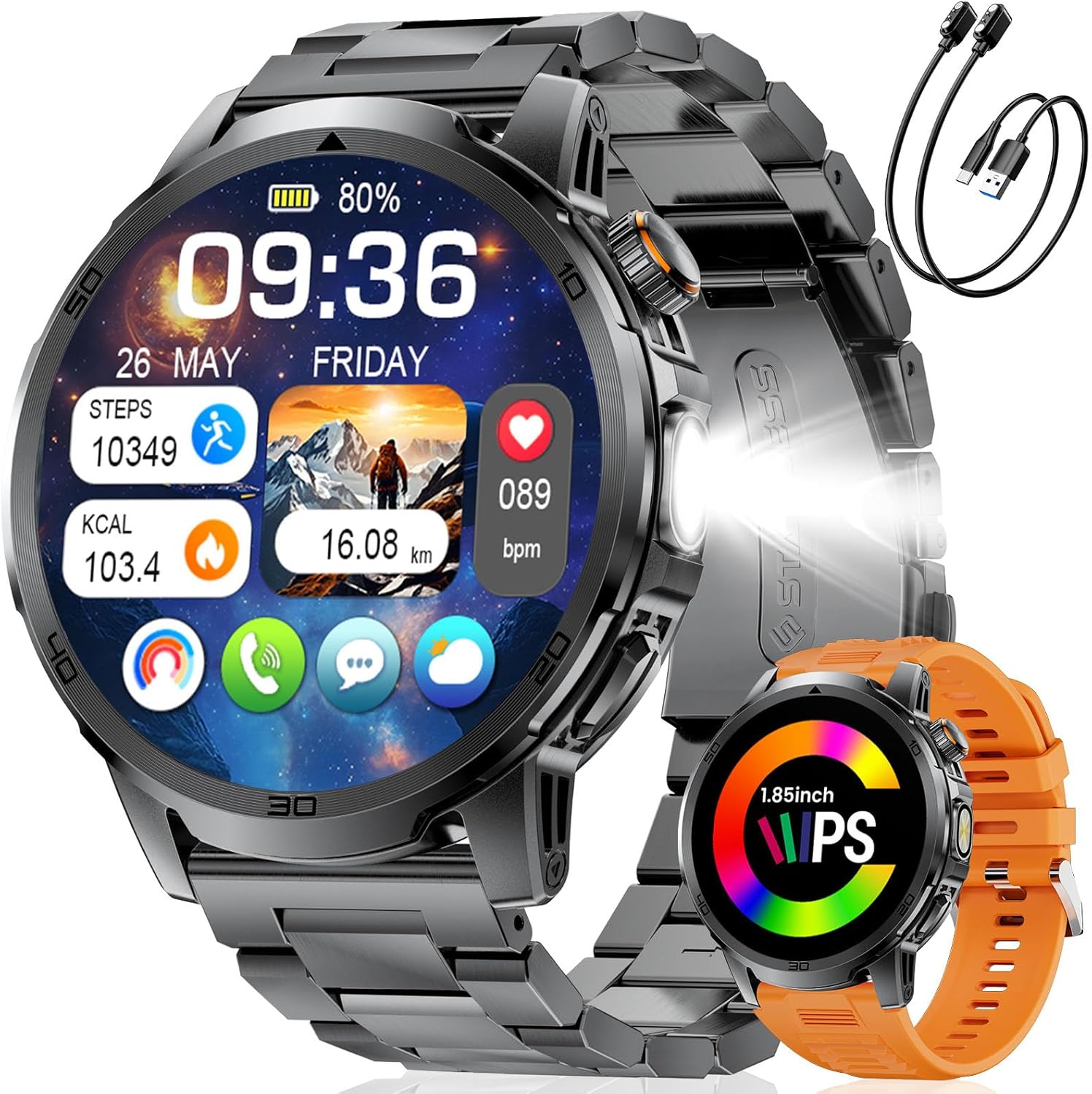 Montre intelligente pour hommes avec 1000 mAh, lampe torche LED, montre intelligente grand écran de 1,85 pouces avec appels Bluetooth, plus de 100 modes de sport, étanchéité IP68, moniteur de fréquence cardiaque et de sommeil pour iOS Android