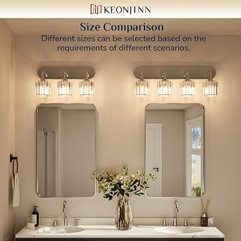 Keonjinn 4-Light Bathroom Light Fixtures, Crystal Chrome Bathroom Vanity Lights Over Mirror, Vanity Lighting Fixtures with Crystal Square Shades (E26 Socket, Exclude Bulb)