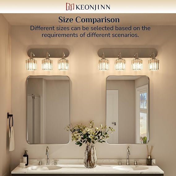 Keonjinn 4-Light Bathroom Light Fixtures, Crystal Chrome Bathroom Vanity Lights Over Mirror, Vanity Lighting Fixtures with Crystal Square Shades (E26 Socket, Exclude Bulb)