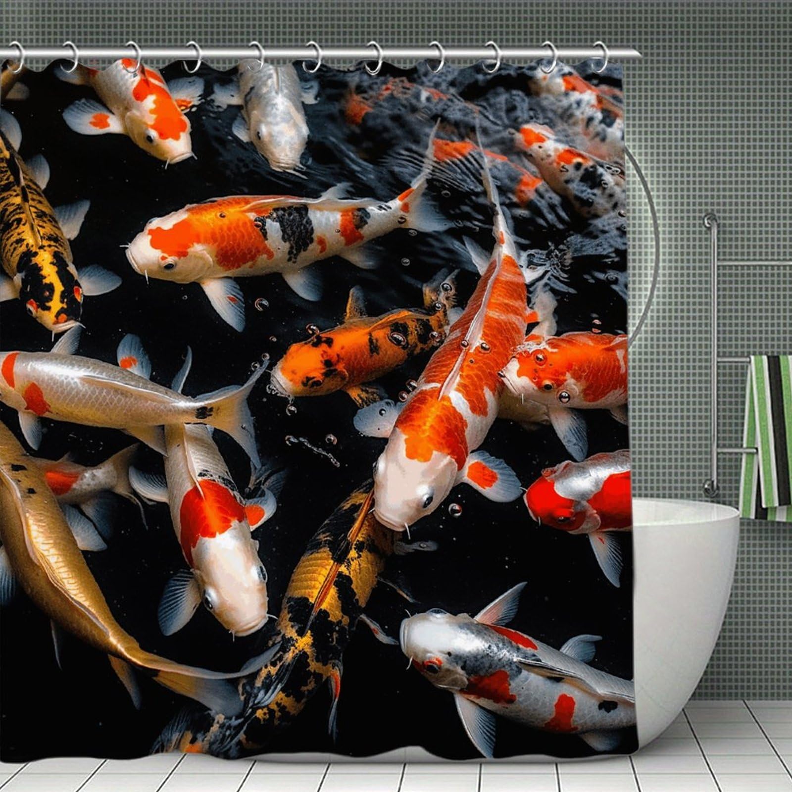 FekiLoot Japan Fancy Koi Carp Fishes Shower Curtain Minimalist Aesthetic Bath Curtain with Hooks Simple Water Resistant Bathroom Shower Curtains Cute Blackout Privacy Curtains Cloth Curtain