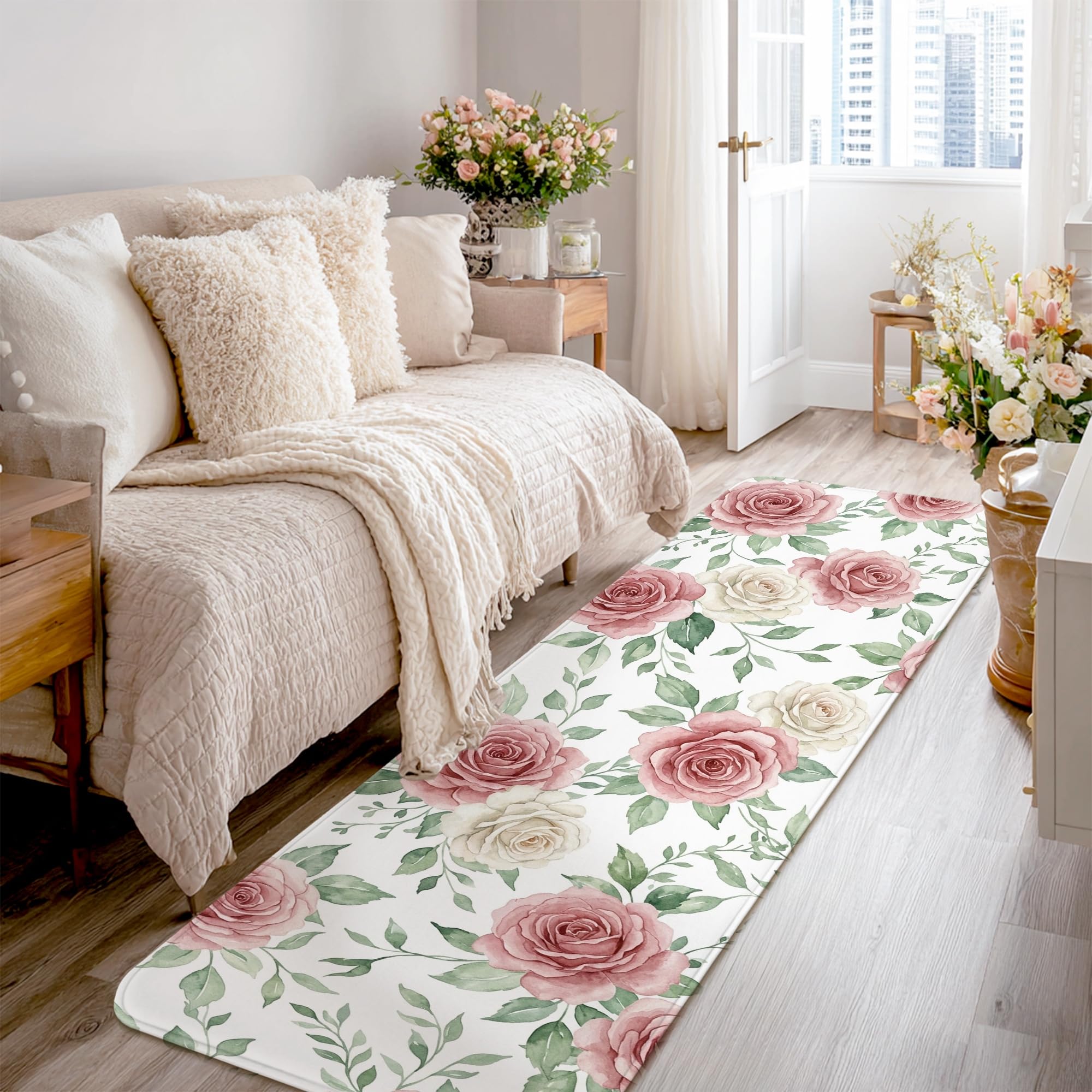Alfombra de pasillo de rosas 2x8 pies antideslizante para cocina y entrada