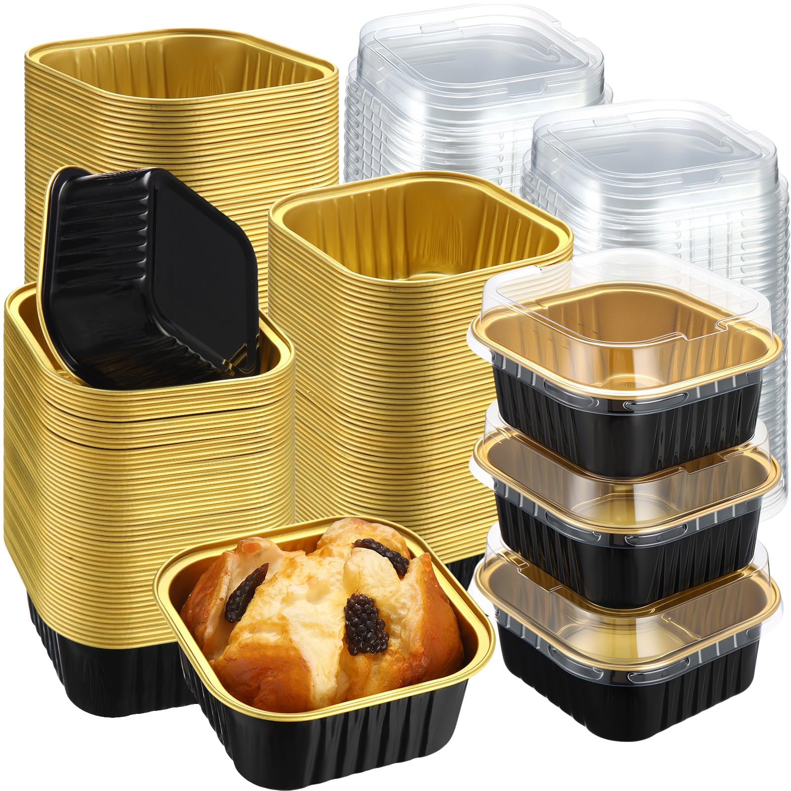 Quadratische Backförmchen mit Deckel, Aluminiumfolie, Mini-Kuchenformen mit Deckel, Einweg-Schälchen, Dessertbehälter, Cupcake-Formen für Pudding, Souffle, Hochzeit, Geburtstag, Party