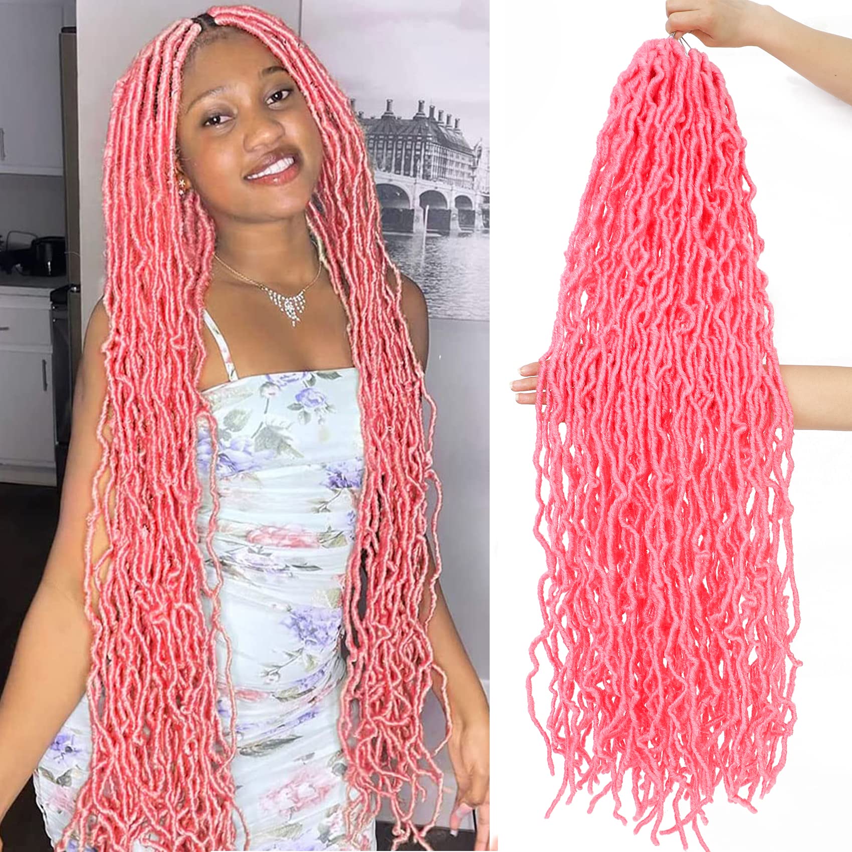 Pink Soft Locs 36 Inch Crochet Hair 5Packs Faux Locs Crochet Braids Hair Pre Looped Synthetic Curly Soft Faux Locs Hair Extension Goddess Locs Crochet Braids (36 Inch (Pack of 5), Pink)