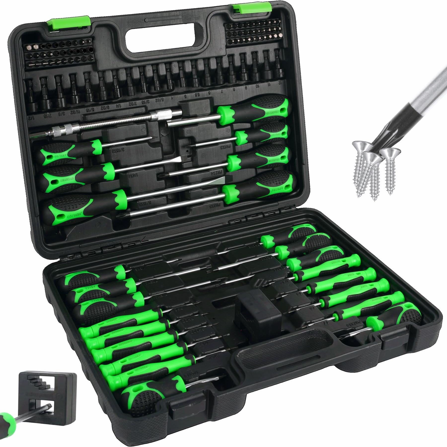 GURADESIGN 107-Piece Magnetic Screwdrivers Set with Case, Screw Driver Set, Includs Slotted, Phillips, Hex, Pozidriv,Torx and Precision Screwdriver Set, Tools for Men (107-Piece)
