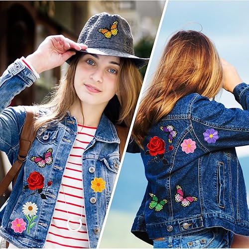 Miniatura 6 de 100 parches de flores y mariposas para planchar o coser, bonitos parches bordados de rosas para ropa, parches de margaritas decorativos grandes y