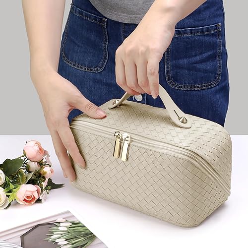 Miniatura 7 de Bolsa de cosméticos de gran capacidad para viajes - Bolsa portátil de maquillaje para mujeres, organizador de piel sintética impermeable con