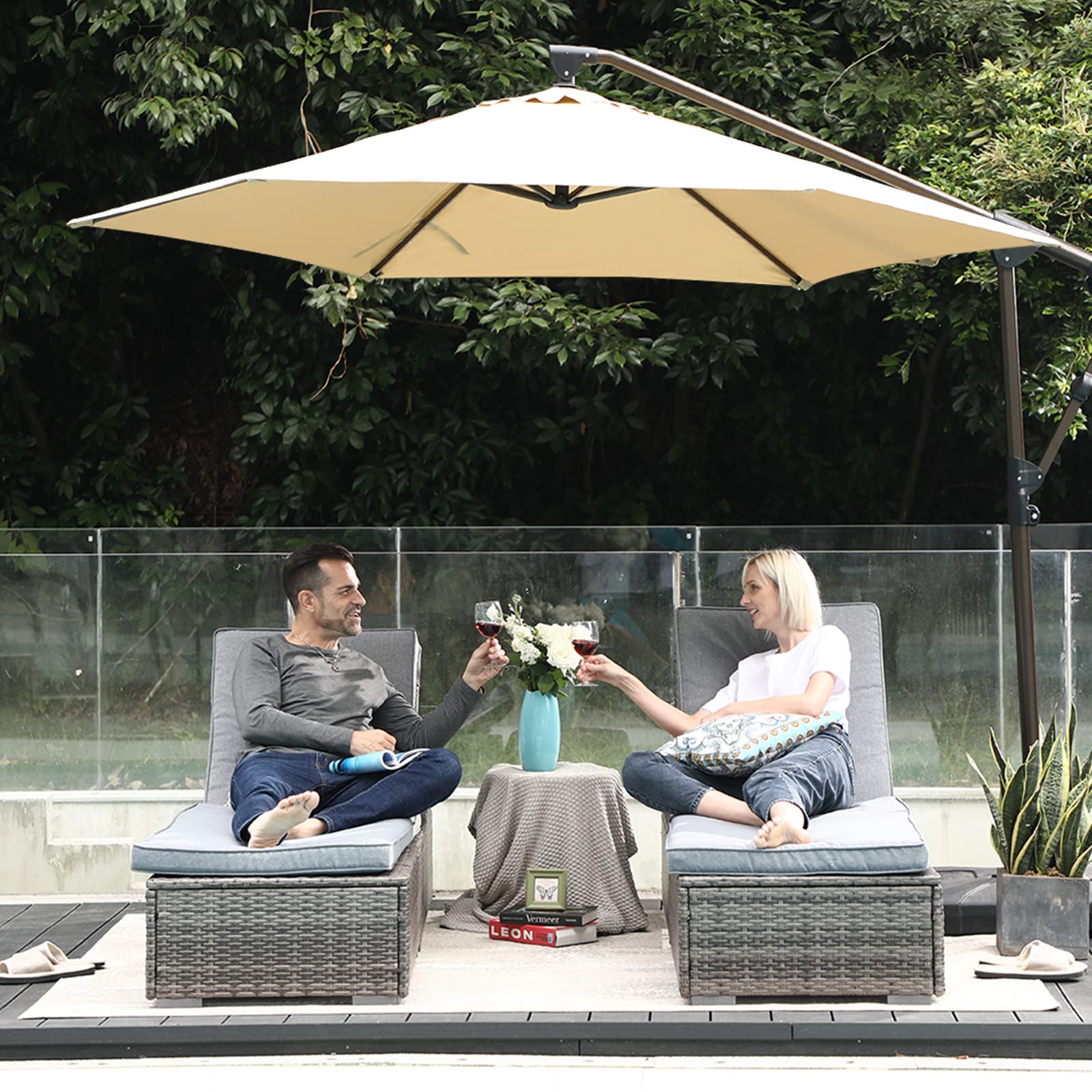 COBANA 10ft Offset Hanging Patio Umbrella, Outdoor Cantilever Aluminum Umbrella with 360° Rotation, Crank and Tilt System, Beige