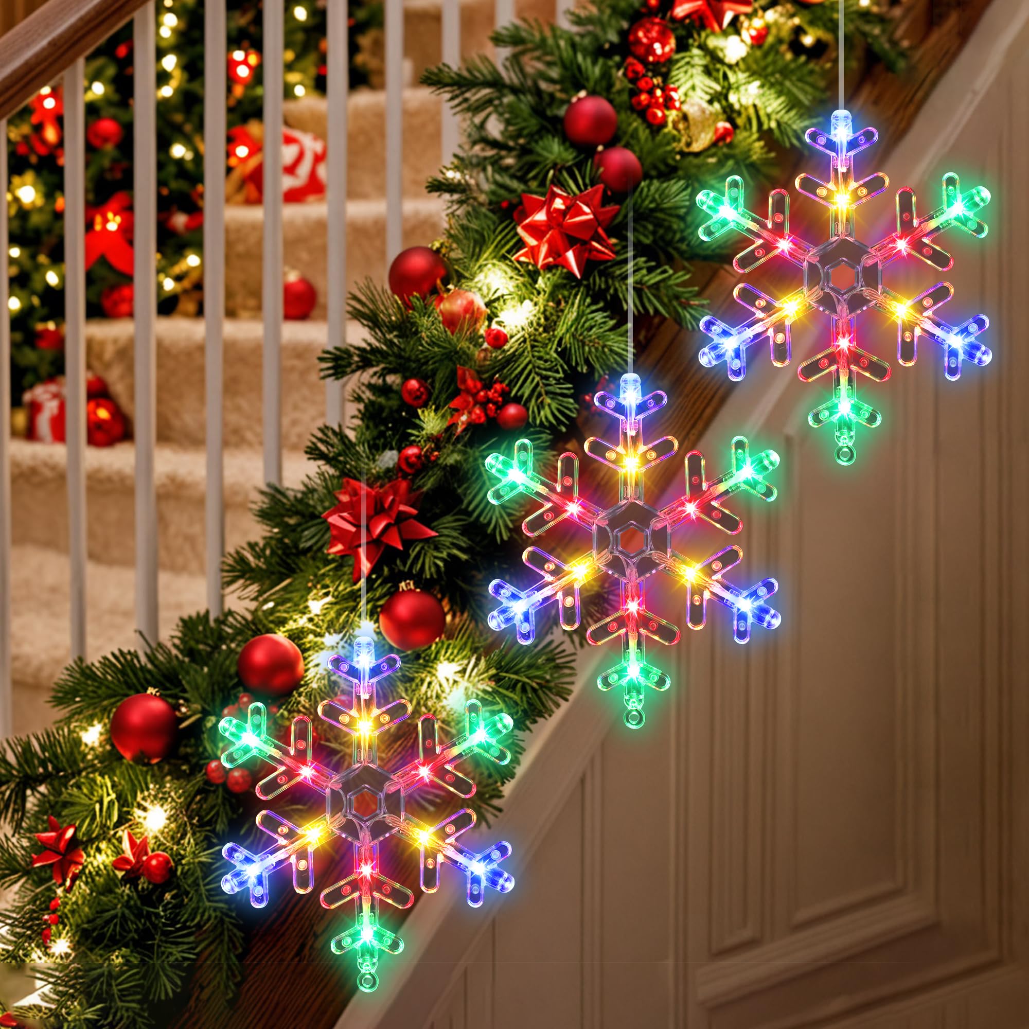 [Timer] Decorazioni natalizie per finestre, 3 pezzi con fiocco di neve luci natalizie con ventosa, luci a forma di fiocco di neve a batteria, decorazioni natalizie per interni ed esterni, camino