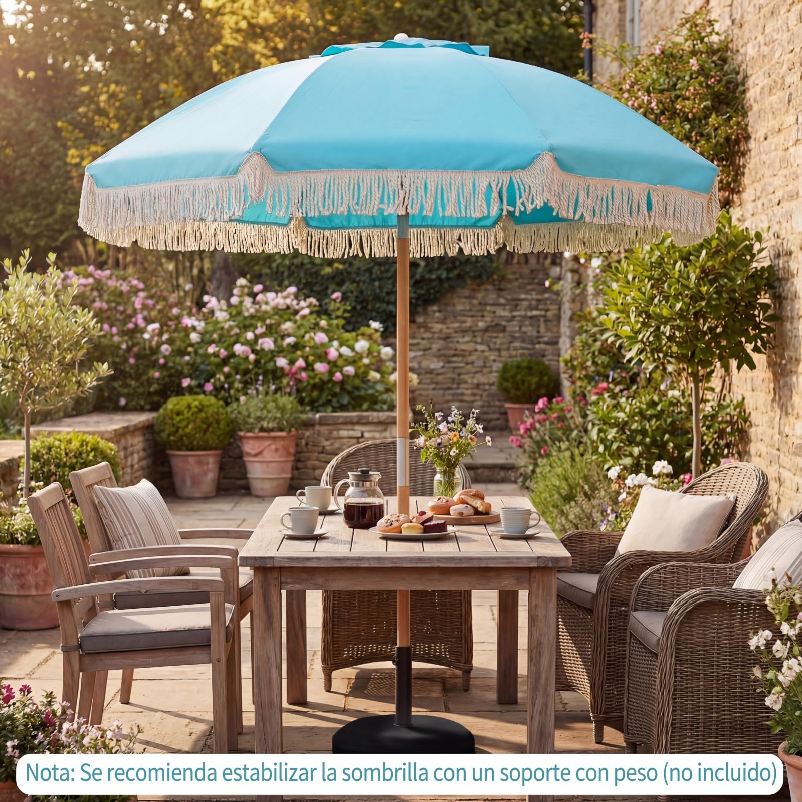 COSTWAY Sombrilla Playa Grande, 170 cm Sombrilla Terraza Exterior con Mástil de Madera, Inclinación 30°, 8 Varillas de Fibra de Vidrio y Borlas, Parasol Exterior de Flecos para Playa Jardín