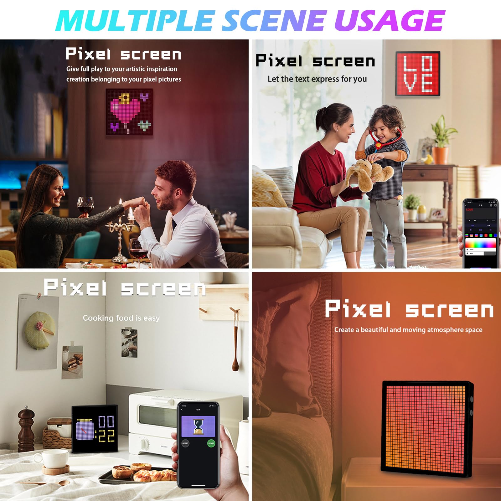 Cornice per foto digitale a LED Pixel Art, 32 x 32 RGB, pannello di visualizzazione programmabile, Bluetooth portatile intelligente e controllo tramite app, cartello LED per sveglia