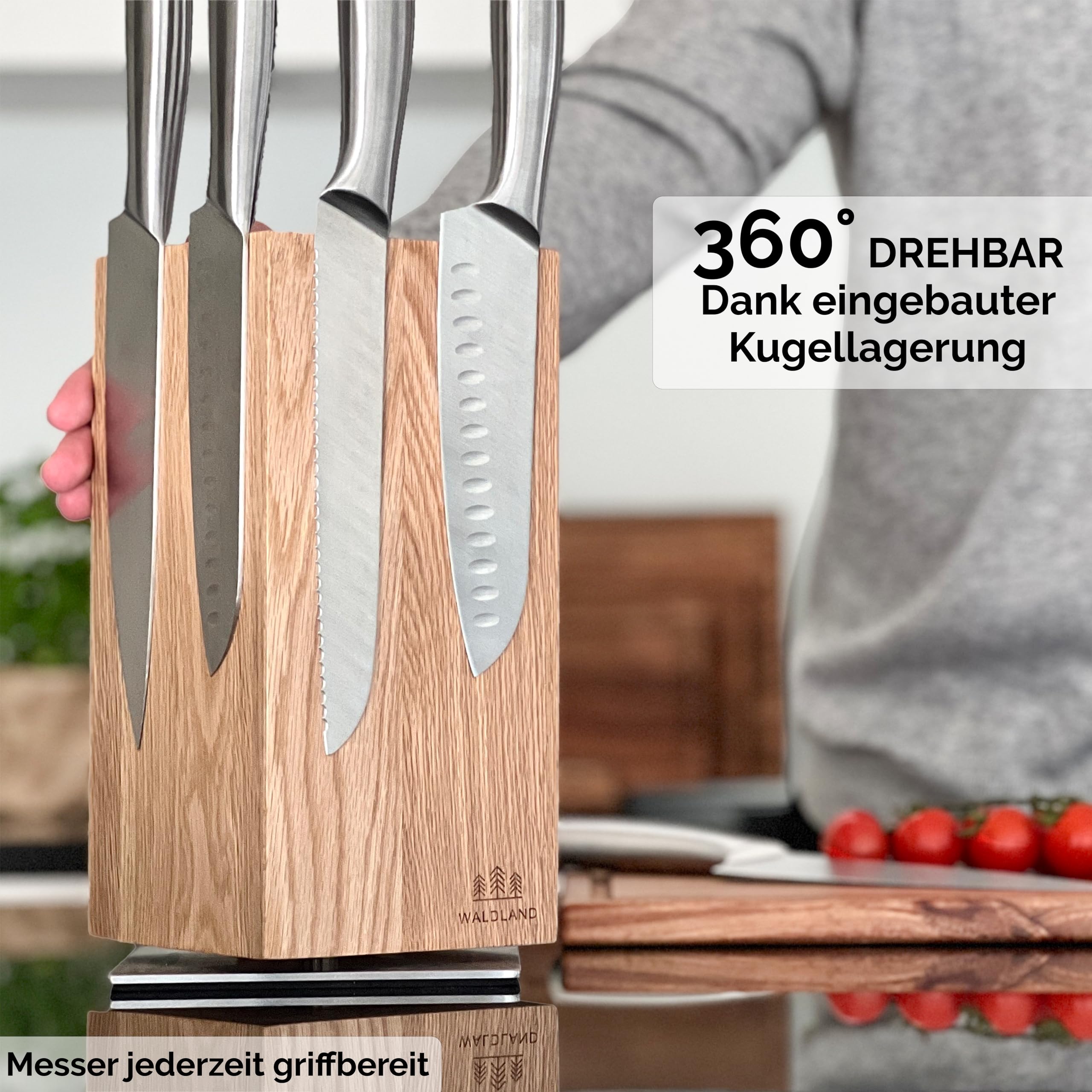 WALDLAND Bloque de cuchillos premium sin cuchillos, bloque magnético y giratorio 360°, de madera de roble elegante y resistente, soporte magnético para cuchillos, bloque de madera, bloque de soporte