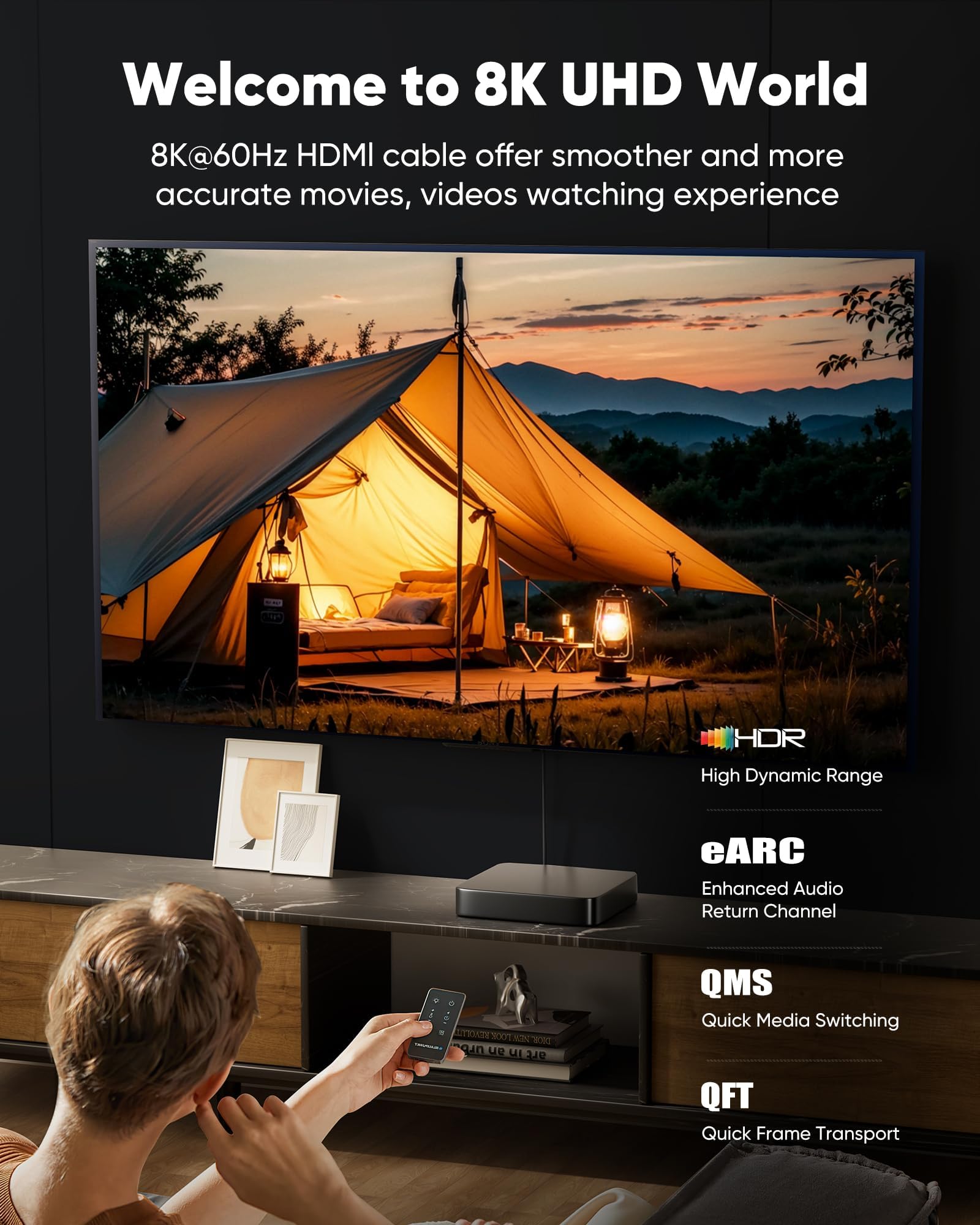 Capshi Kabel HDMI 8K 4K 120 Hz o długości 9 m, wysoka prędkość 48 Gb/s, 8K przy 60 Hz, 2K przy 240 Hz, HDCP 2.2 i 2.3, eARC, HDR, pleciony przewód do telewizora UHD, PS5, PS4, Xbox Series X/S,