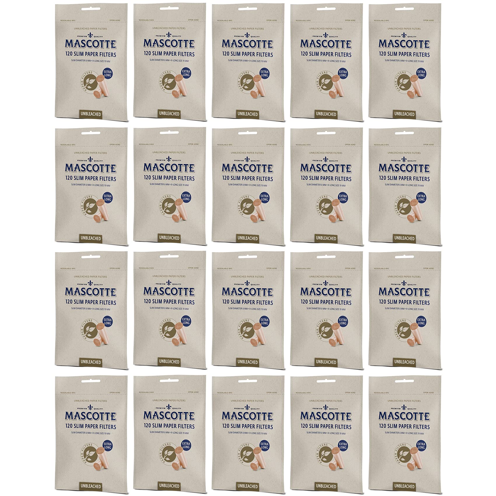 120-2400 x MASCOTTE By BULL BRAND Bio Paper Filter Tips | Premium 6MM Unbleached 19mm X-LONG SLIM Cigarette Filters (MEGA BOX (2400 Unbleached Filter Tips))