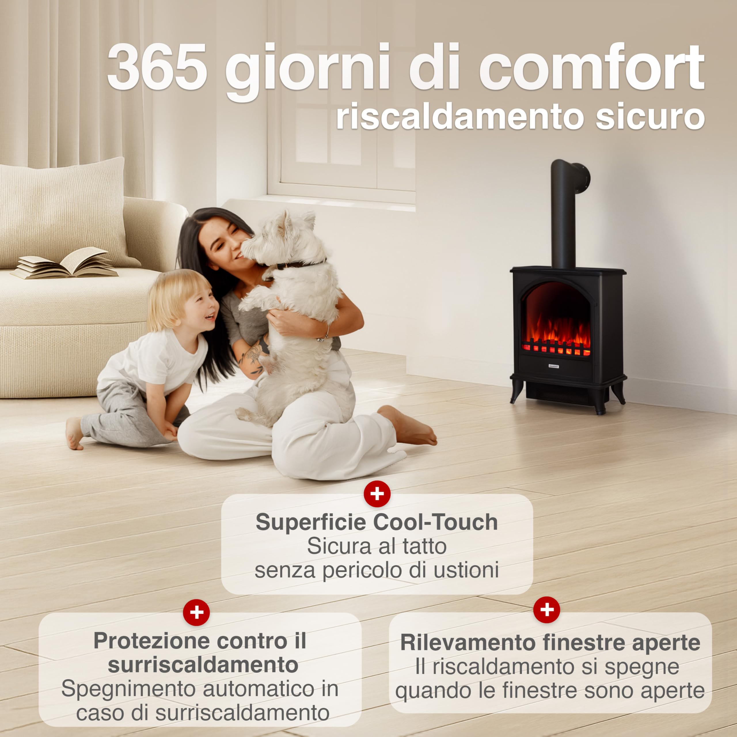 KAMINIO Camino elettrico LENI con tubo del camino - Stufa elettrica con riscaldamento, effetto fiamma 3D (Nero)