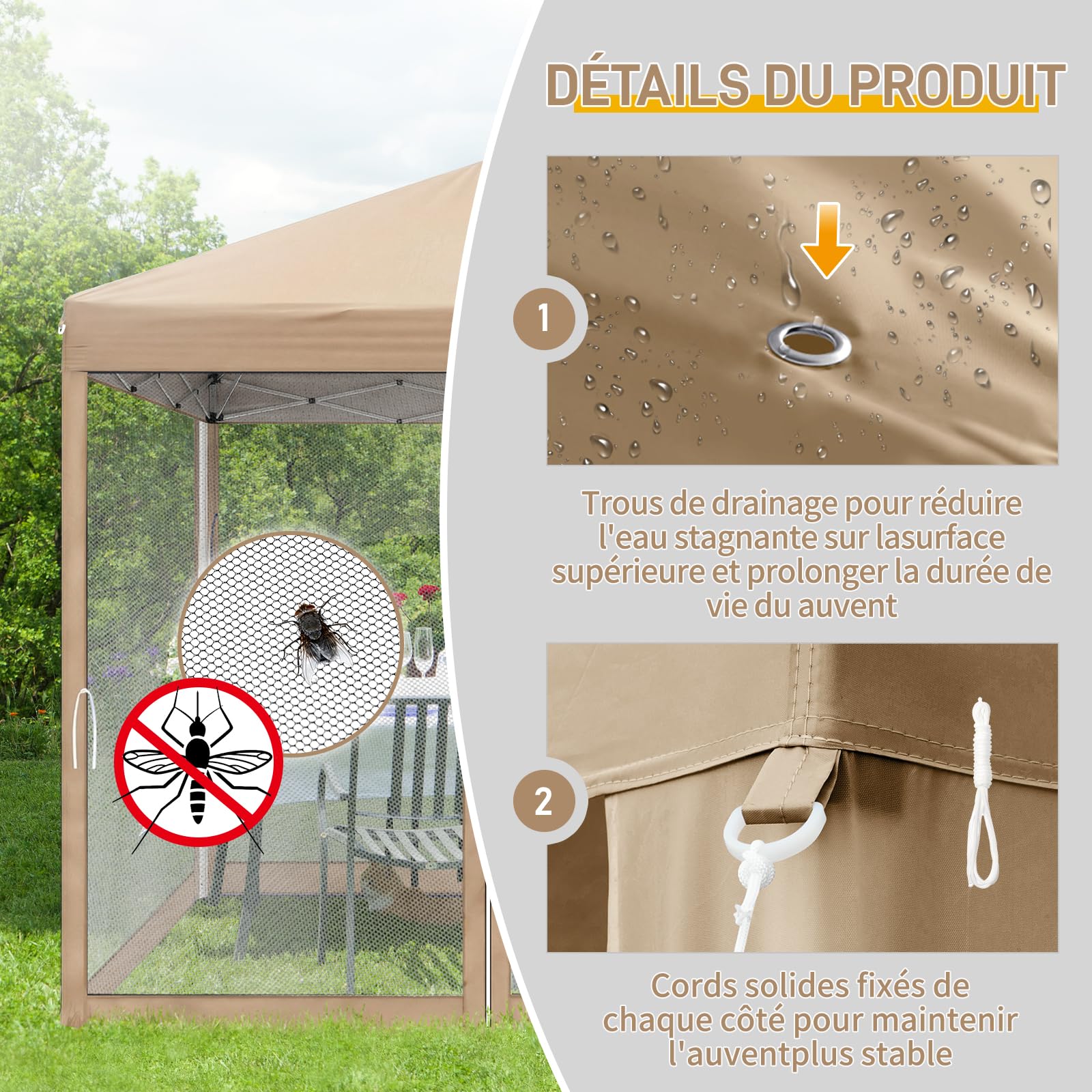 LEADZM Tonnelle Pliable 3x3 m Imperméable Anti-UV 50+, Hauteur Ajustable avec 4 Moustiquaires, Structure Stable, pour Jardin, Terrasse, Camping Et Usage Professionnel,Kaki
