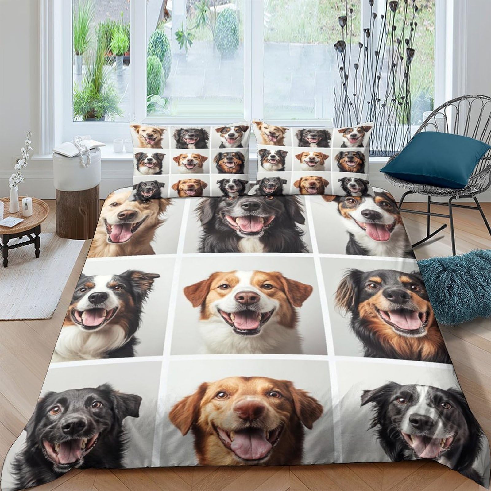 P5V6M1Q9 3D Printed Smiling Dog Faces Duvet Cover Microfiber Soft Breathable Puppy Quilt Cover Set with 2 Pillowcases for Bedroom Decor Single（135x200cm）