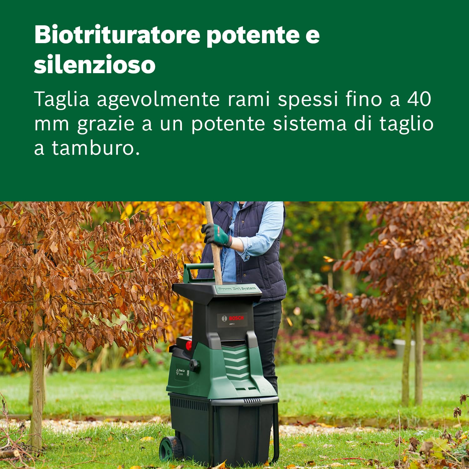 Bosch Biotrituratore silenzioso AXT 25 D (2500 W; idoneo per legno resistente e arbusti spinosi; cesto di raccolta integrato da 53 l; in confezione di cartone)