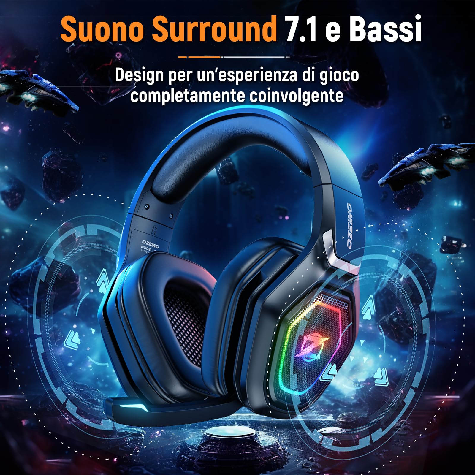 Ozeino Cuffie Gaming Wireless con Microfono 2,4 GHz, Trasmettitore USB 2,4 G e Type C, Durata della batteria di 30 ore, Cuffie Gaming per Ps5, Ps4, PC