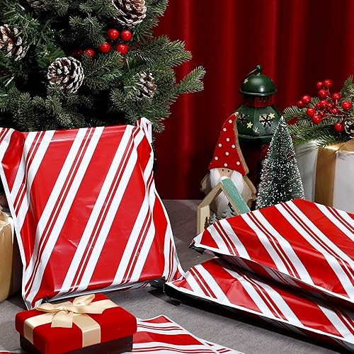 Miniatura 4 de Zhanmai 100 sobres de polietileno navideños de 10 x 13 pulgadas, bolsas de envío de bastones de caramelo, bonitos sobres autoadhesivos, bolsas de