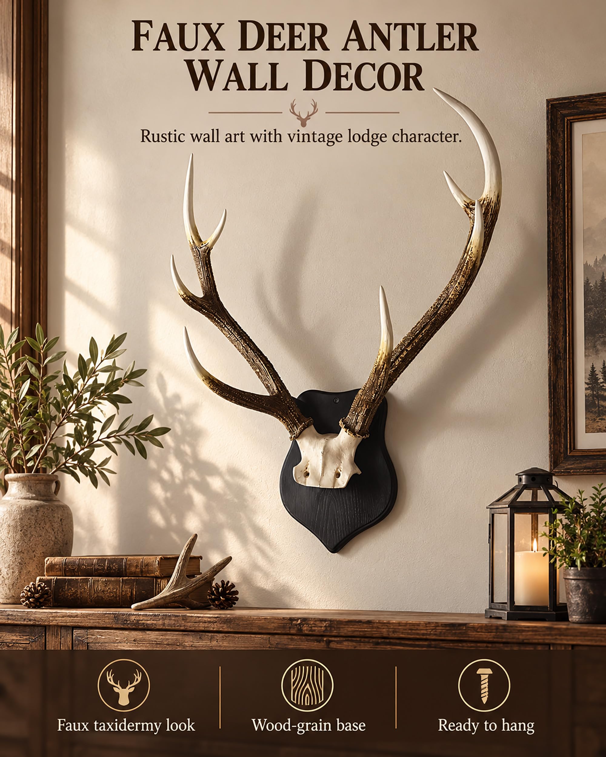 Hirschkopf Wanddeko - Hirschgeweih Skulptur mit Holzsockel - Rustikale Kunstharz Wanddekoration für Wohnzimmer Bar - 64x70x27cm