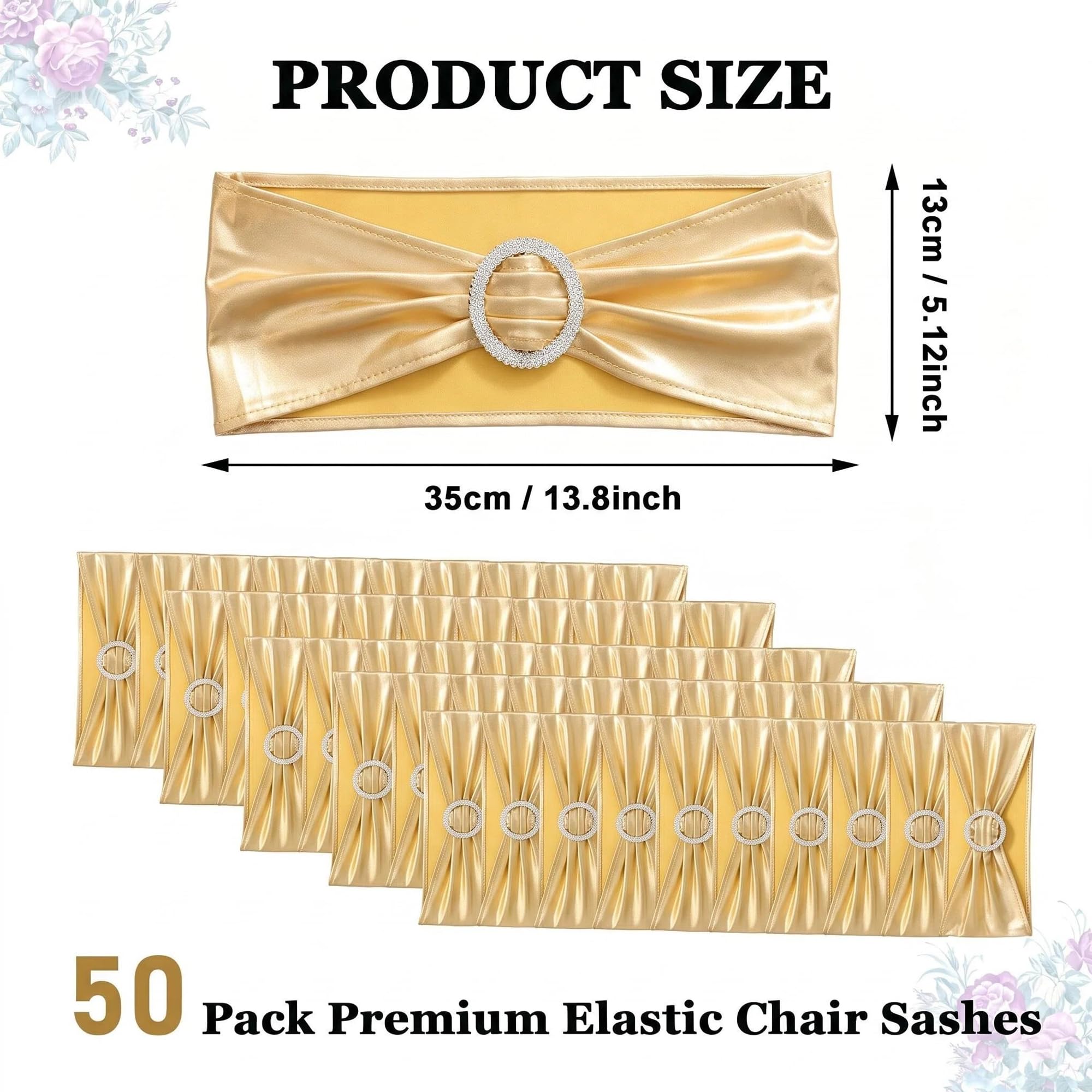 50 x Spandex-Stuhlschärpen Elastische Stuhl-Schärpen mit Schnalle&Schleife | Metallic Gold Stuhlschärpen Stuhlhussen Feier Dekoration für Hochzeit, Empfang, Bankett, Babyparty, 13 x 35cm
