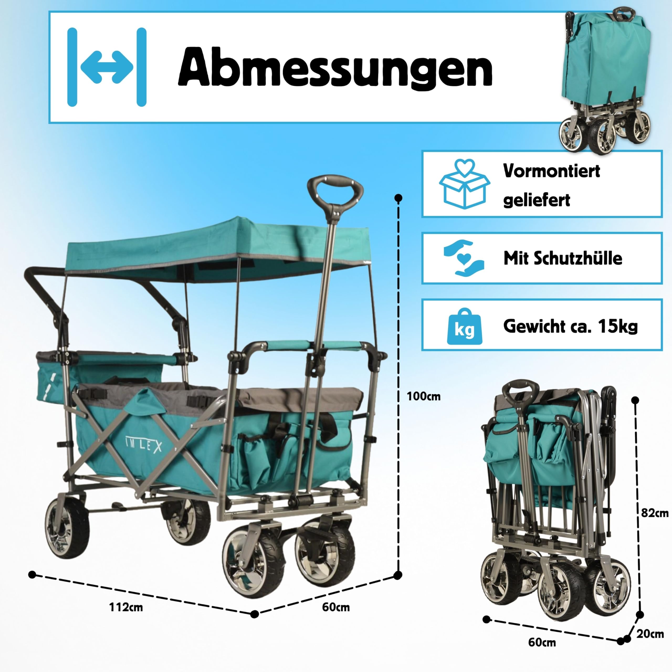 IMLEX Bollerwagen faltbar XXL mit Dach – Handwagen für 2 Kinder bis 80 kg – Schiebegriff & Zugstange – Geländereifen – kompakt klappbar für Strand, Camping, Garten, Zoo & Freizeit IM-4268 Türkis