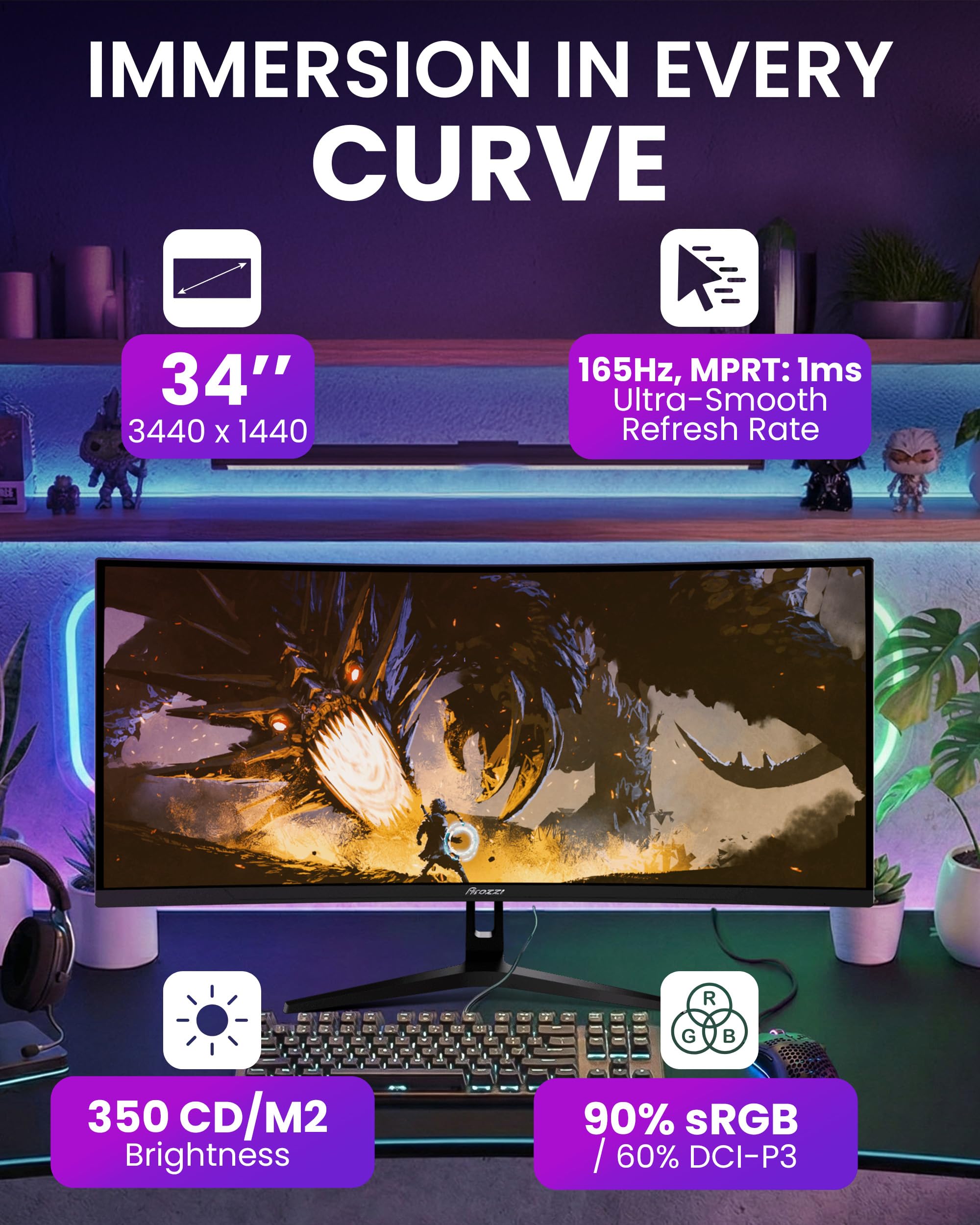 Arozzi Monitor Curved Gaming Nova 34" VA 165Hz - Schermo Ultrawide QHD 1440p con sincronizzazione adattiva, HDR10 e display senza sfarfallio - 90% sRGB - PC e console - Nero
