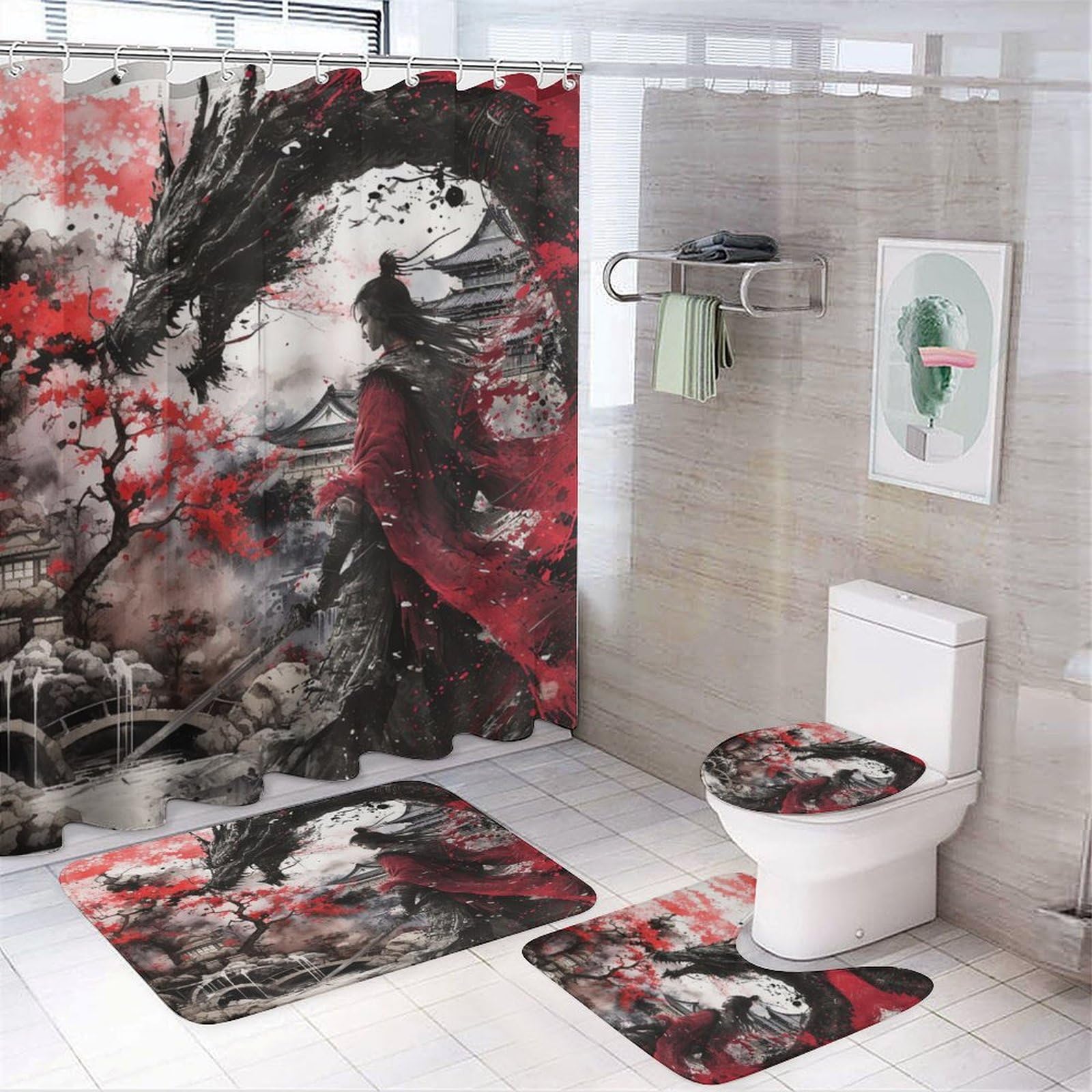 FBMLBRB 4 Pcs Rustic Japanese Samurai Dragon Shower Curtains Set,Abstract Japanese Ink Painting Ancient Architecture Cherry Blossom Flo Bathroom Set
