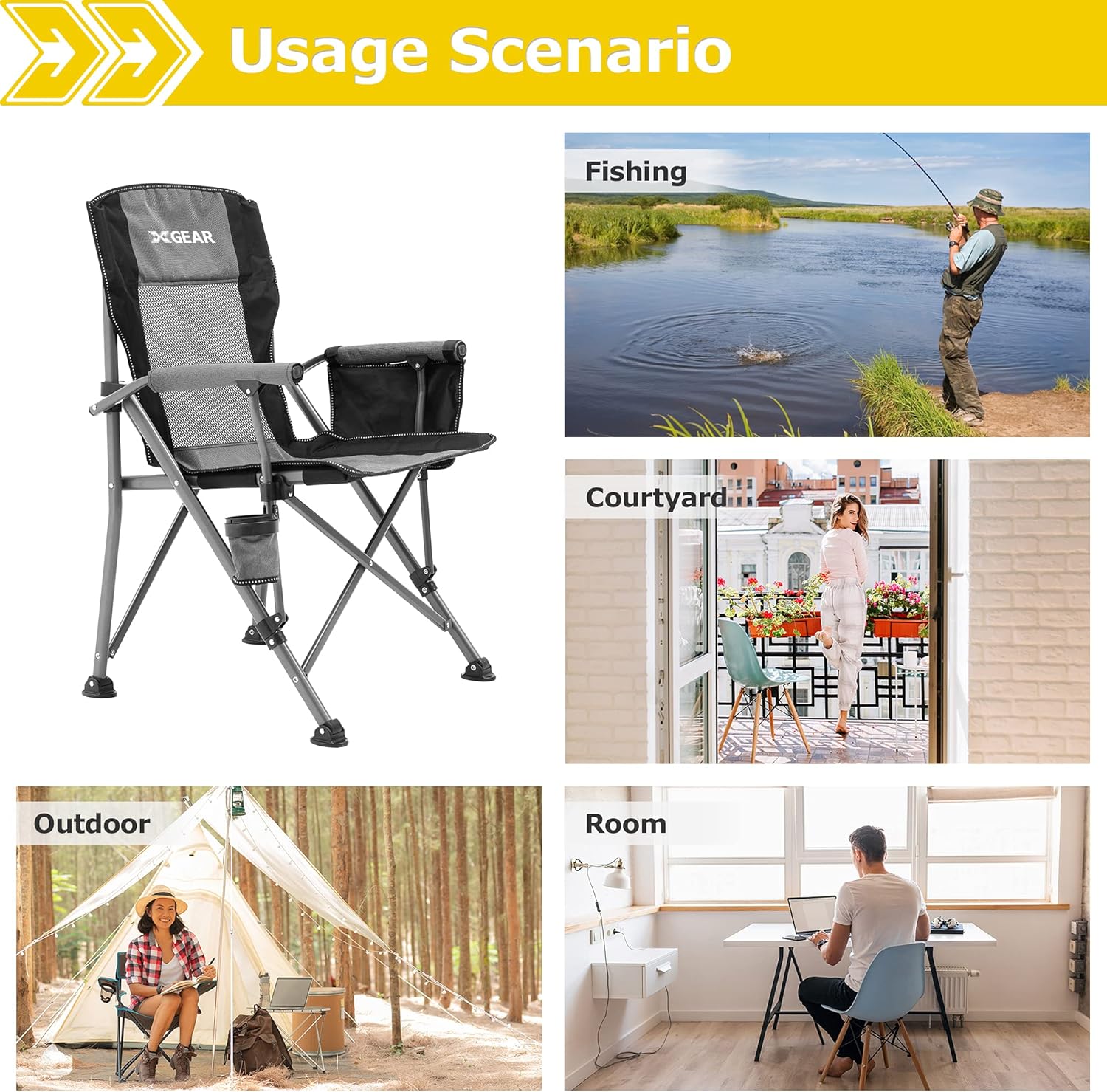 XGEAR High Back Camping Chair Hard Arm Folding Chair Portable Camp Chair with Mesh Back, Support to 300 lbs (Cool Grey) : Sports & Outdoors