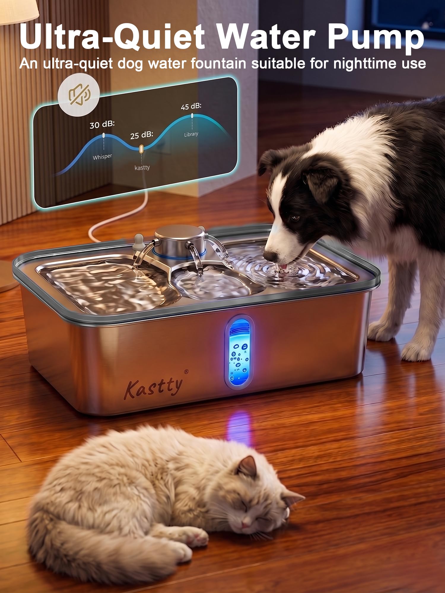 Kastty Fontaine à eau pour chien de 17 L, grande capacité en acier inoxydable, distributeur automatique silencieux avec lumière LED, facile à nettoyer pour grands chiens et animaux multiples FS84