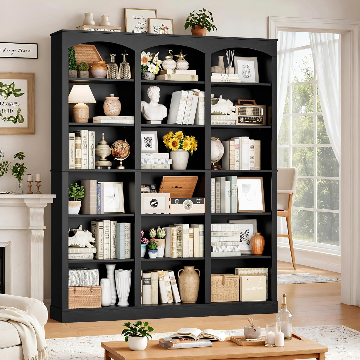 71" Triple Wide Bookshelf, 6 Tier Tall Bookshelf, Large Book Shelf with Curved Baffle, 63.4" Wide Bookcase with 18 Open Display Shelves for Living Room, Study, Black