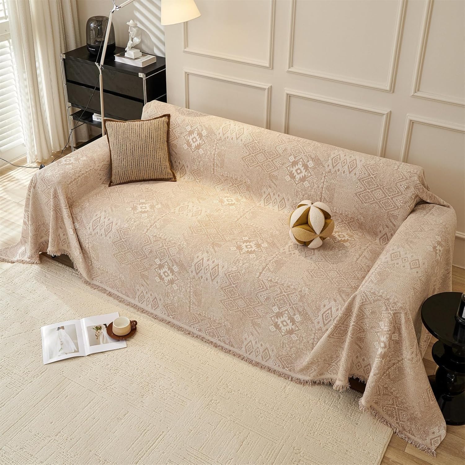 PEIHUODAN Bohemian Sofa Throws Large 1/2/3/4 Seater, Summer Blanket Throws for Settees, Cotton Non Slip Small Sofa Protective Cover, King Size Blankets for Beds (Beige,180x340cm)