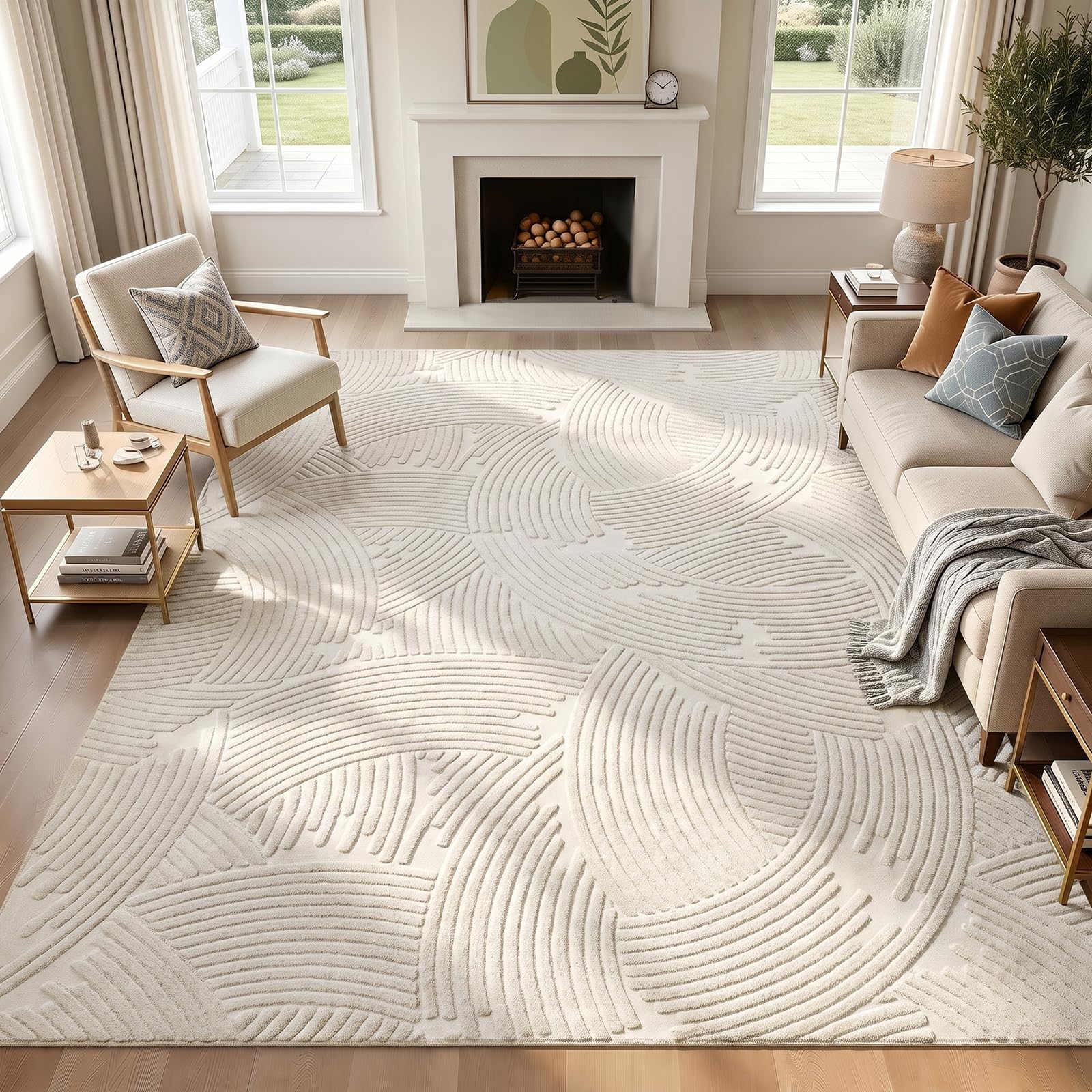 Homodeco Washable Area Rug for Living Room 200x290 cm, Beige Soft Fluffy Modern Geometric Carpet with Non Slip Backing, Low Pile bedroom rug for Dining Room Indoor Home Office
