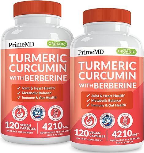 Suplemento orgánico de curcumina de cúrcuma 5 en 1 (4210 mg) con berberina, canela de Ceilán bioperina y jengibre suplementos para apoyo articular,